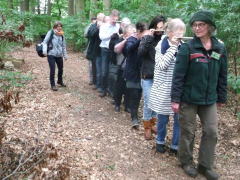 Im »Spiegelgang« mit kleinen Spiegeln eröffnen sich hier neue Sichten auf das Wunder Wald, angeregt von unseren beiden Waldpädagoginnen Vera Henze und Angelika Gremm. Foto: Land & Kunst e.V.