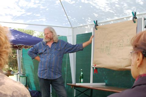 Weltacker-Biogärtner Gerd Carlsson erläutert Zuhörer*nnen mit ganz unterschiedlichem Wissensstand den CO²-Kreislauf. Foto: Virginia Boye